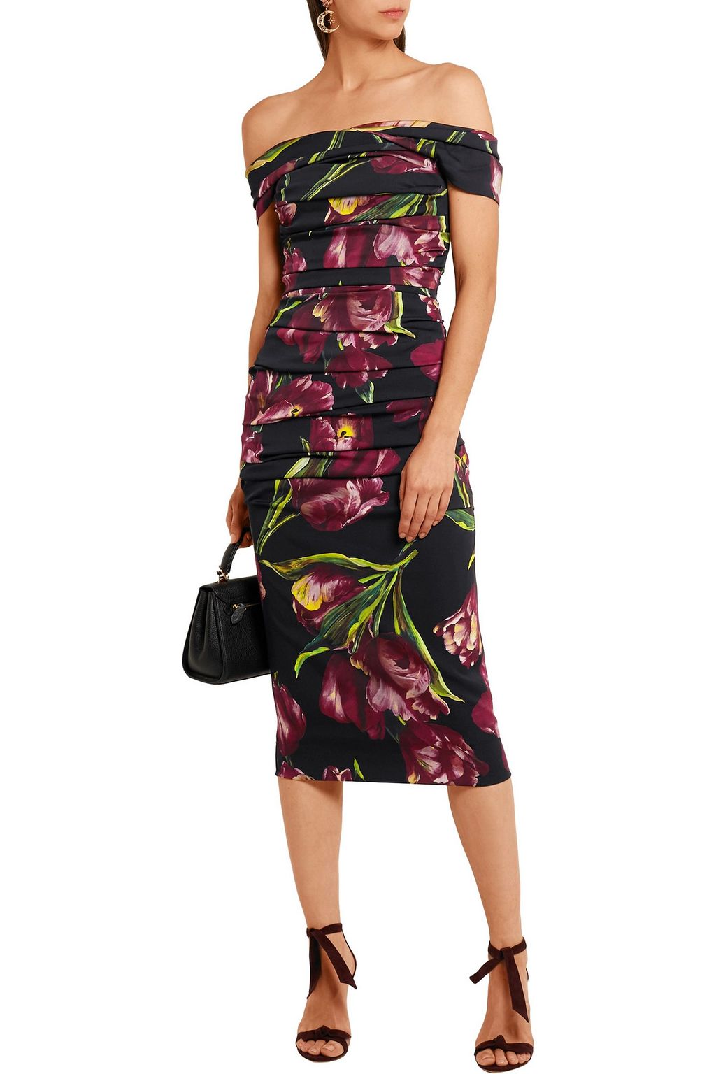 DOLCE&GABBANA Off-the-shoulder floral-print stretch-silk charmeuse dress