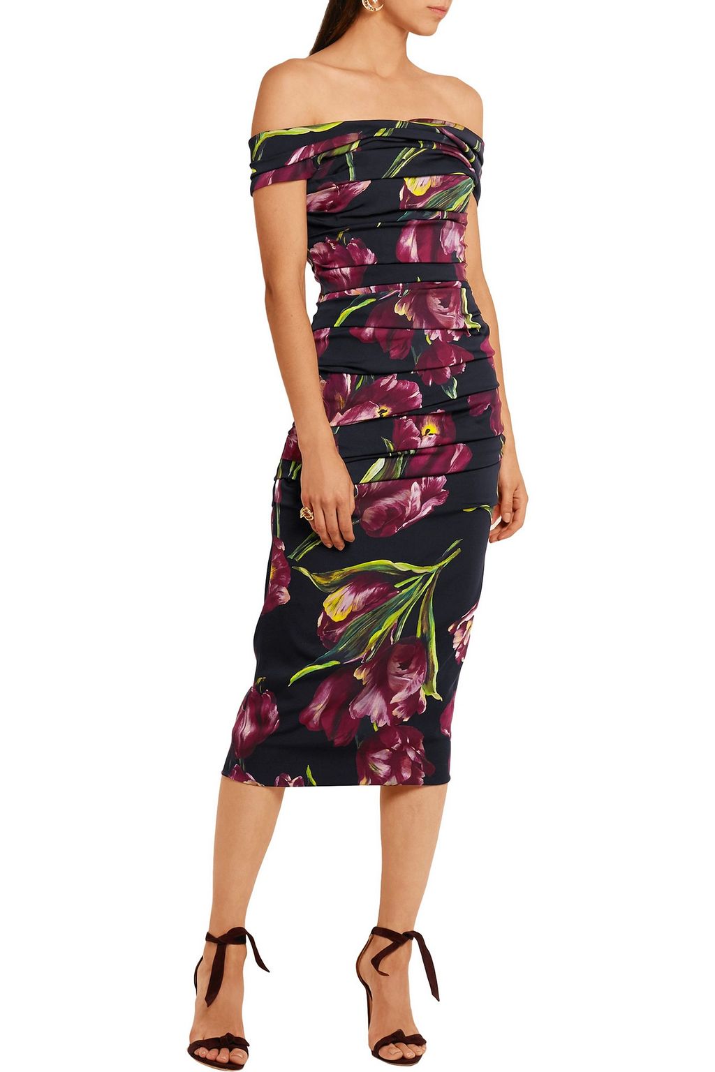 DOLCE&GABBANA Off-the-shoulder floral-print stretch-silk charmeuse dress