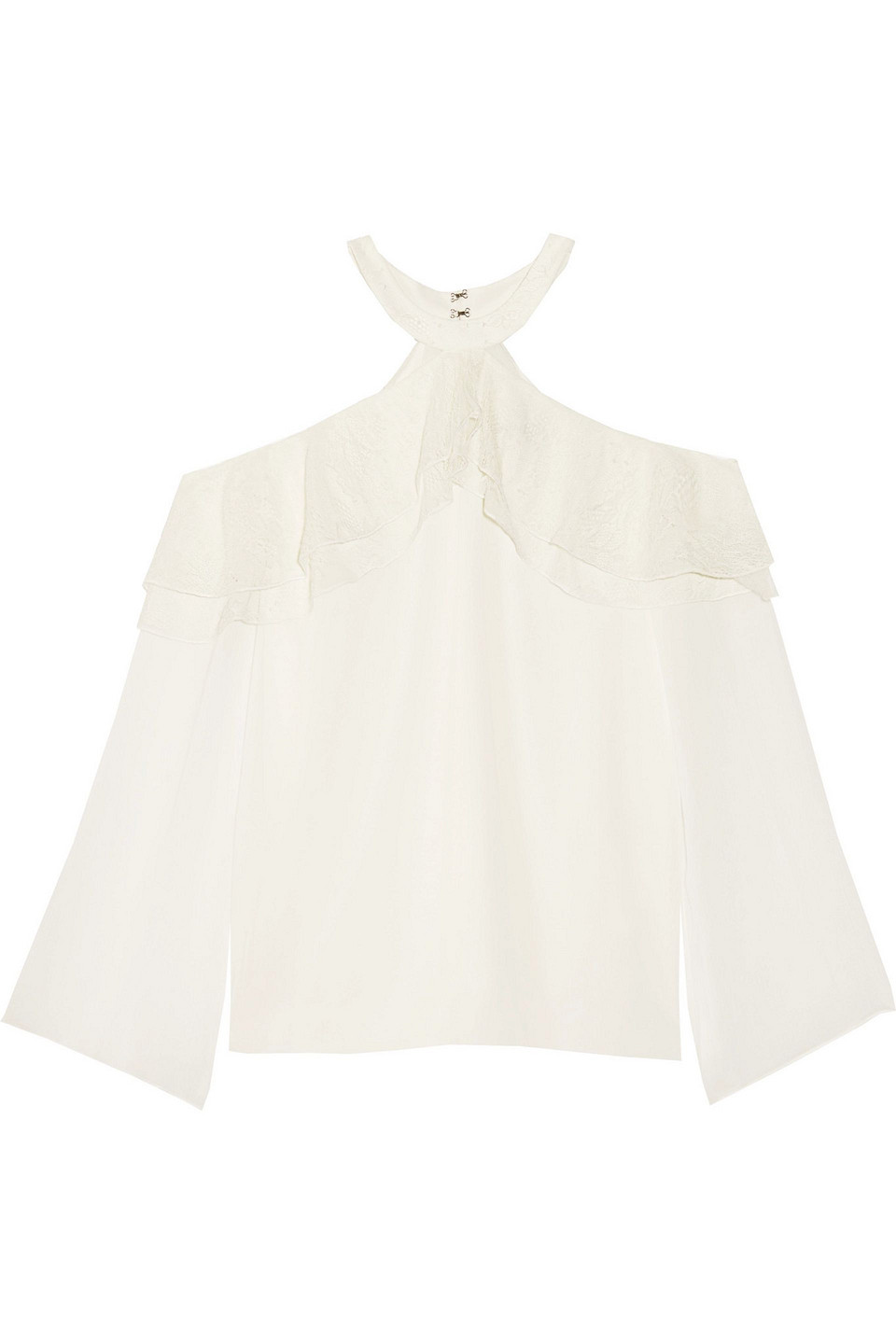 alice olivia - laticia cold-shoulder lace-paneled chiffon top - white - m