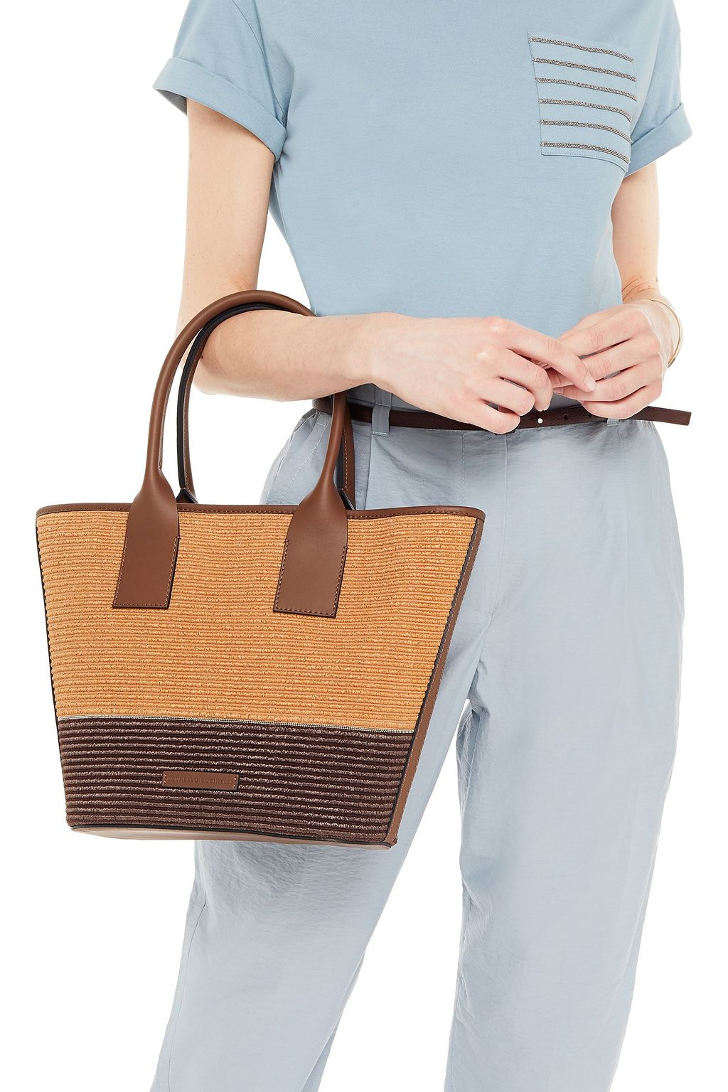 BRUNELLO CUCINELLI Bead-embellished leather and faux raffia tote