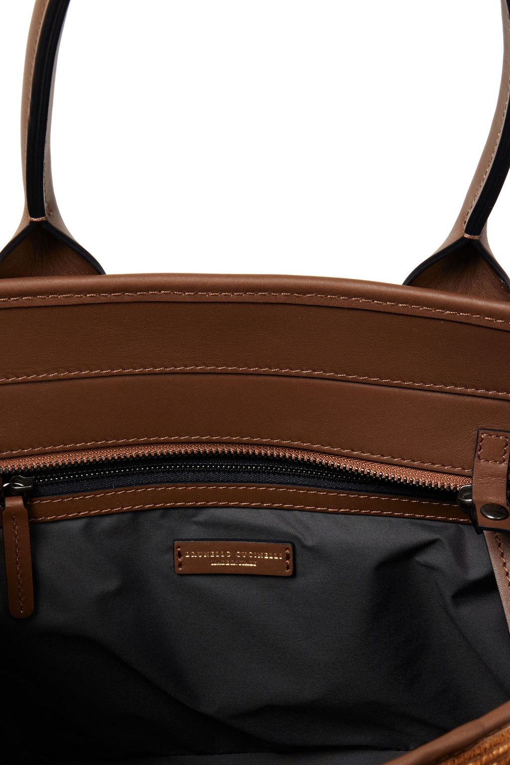 BRUNELLO CUCINELLI Bead-embellished leather and faux raffia tote