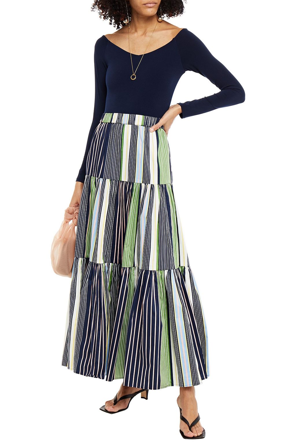 TORY BURCH تنورة طويلة بتصميم ملموم من قماش البوبلين القطني المخطط