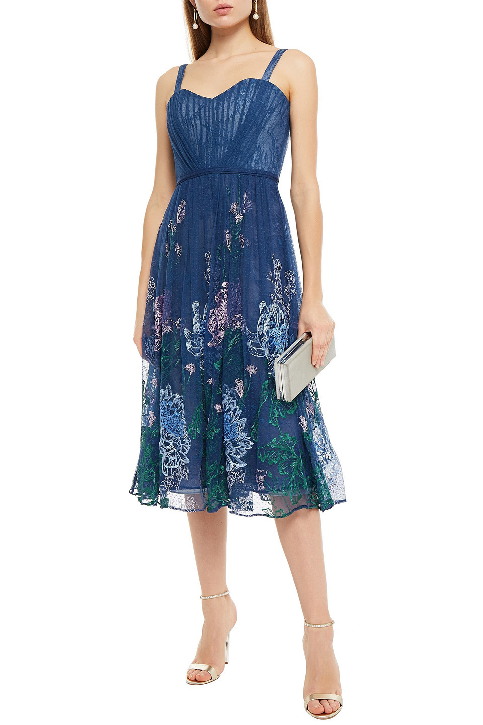 MARCHESA NOTTE PLEATED EMBROIDERED POINT D'ESPRIT MIDI DRESS,3074457345625184164