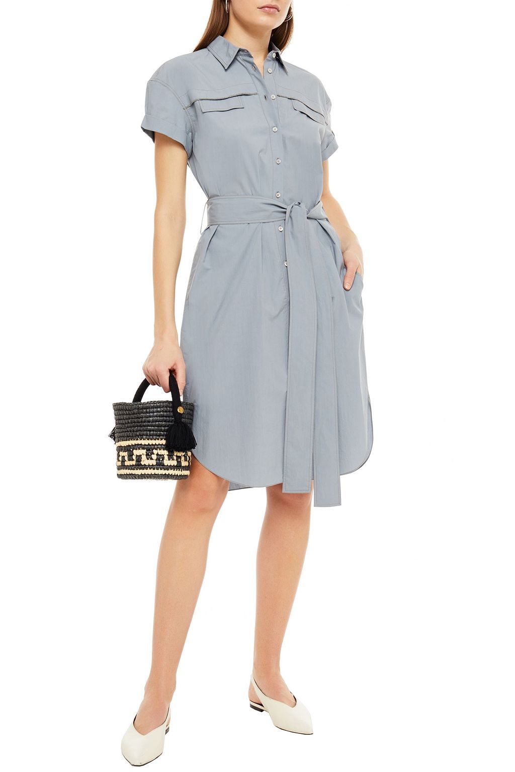 BRUNELLO CUCINELLI Hemdkleid aus Baumwolle mit Gürtel und Zierperlen