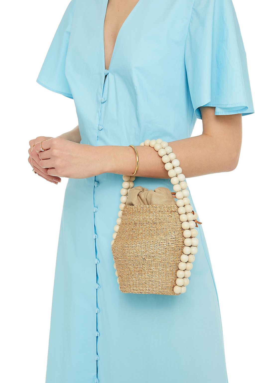ARANÁZ Nahla leather-trimmed embellished abaca-blend bucket bag