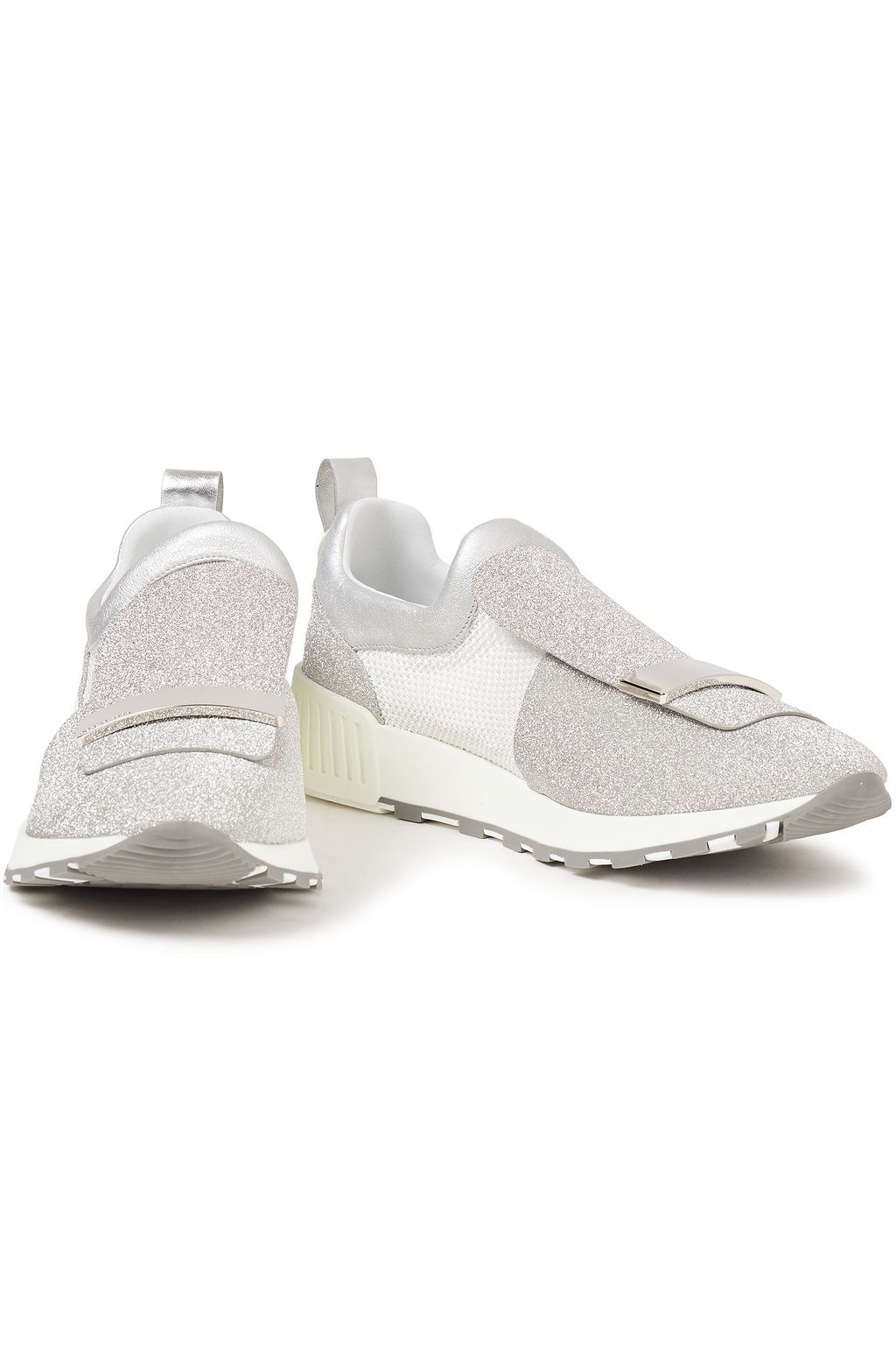 SERGIO ROSSI Glittered leather and mesh slip-on sneakers