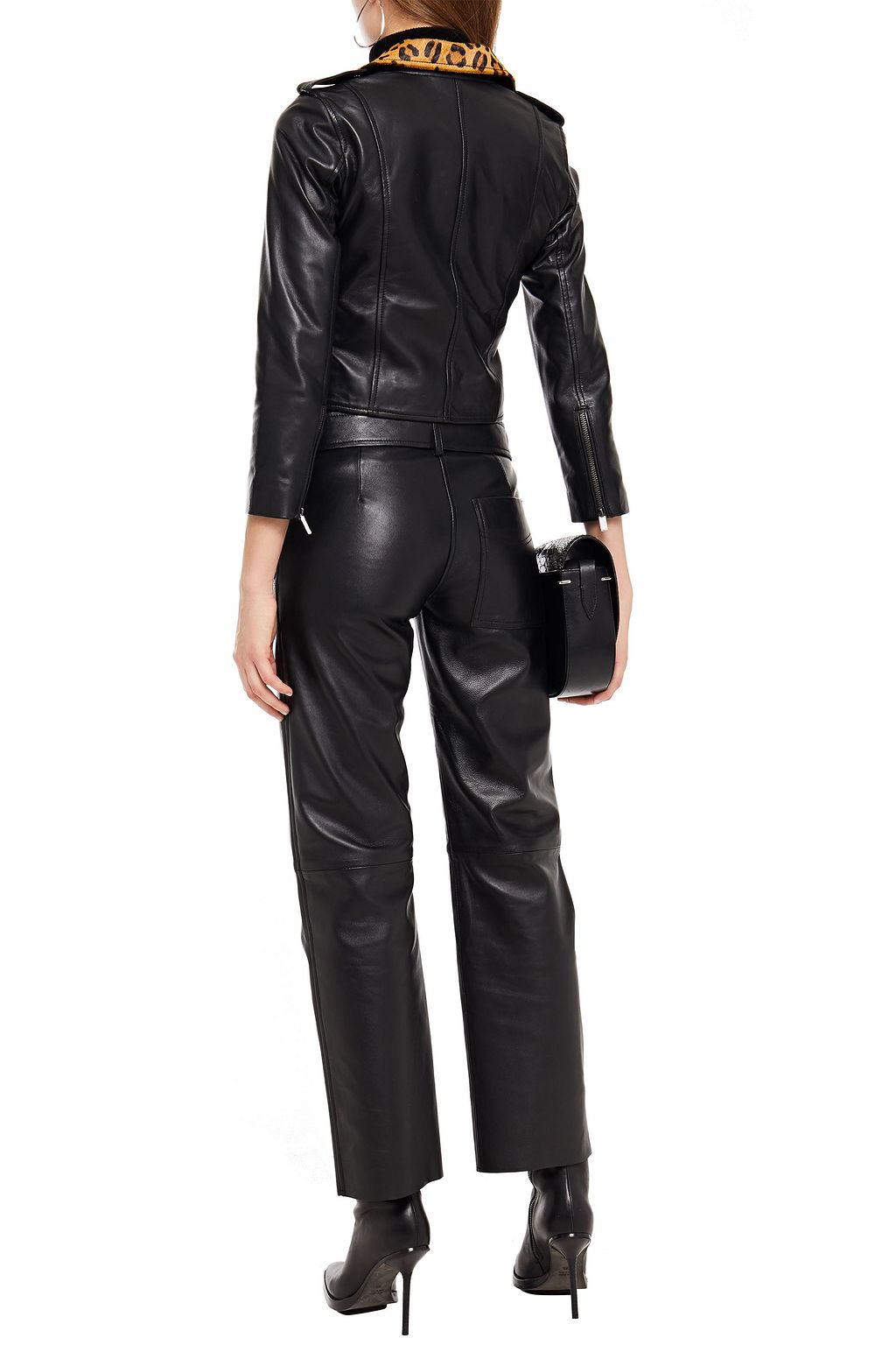 MUUBAA Cropped printed calf hair-trimmed leather biker jacket