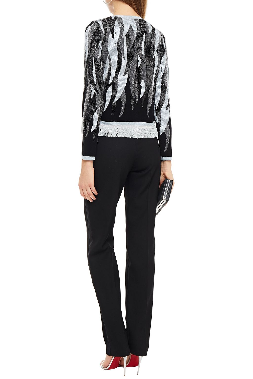 JUST CAVALLI Fringed metallic jacquard-knit cardigan