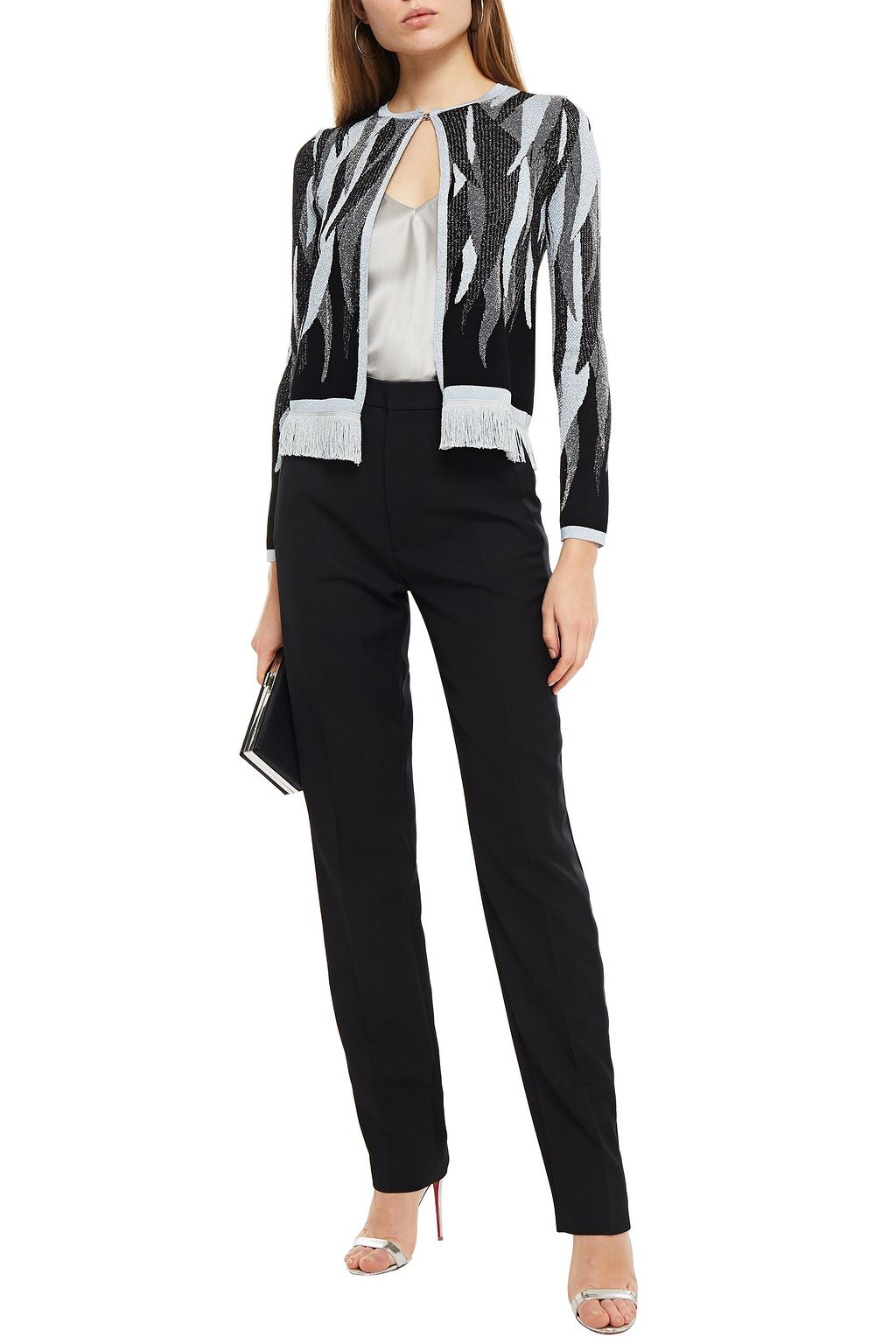 JUST CAVALLI Fringed metallic jacquard-knit cardigan