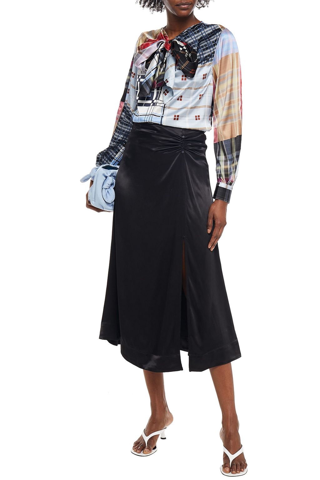 GANNI Geraffter Midirock aus Satin mit floralem Print