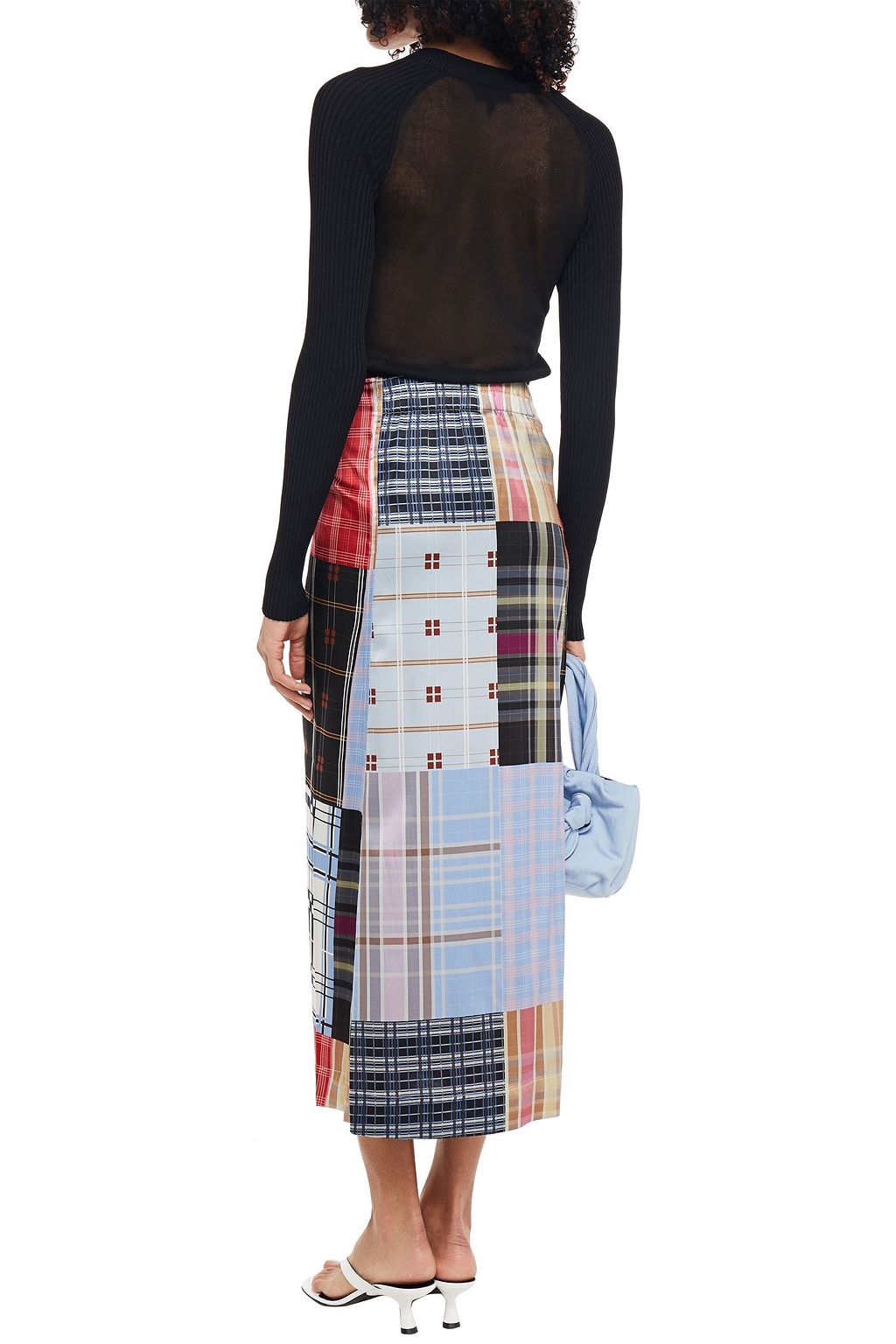 GANNI Tie-front checked stretch-silk satin midi wrap skirt
