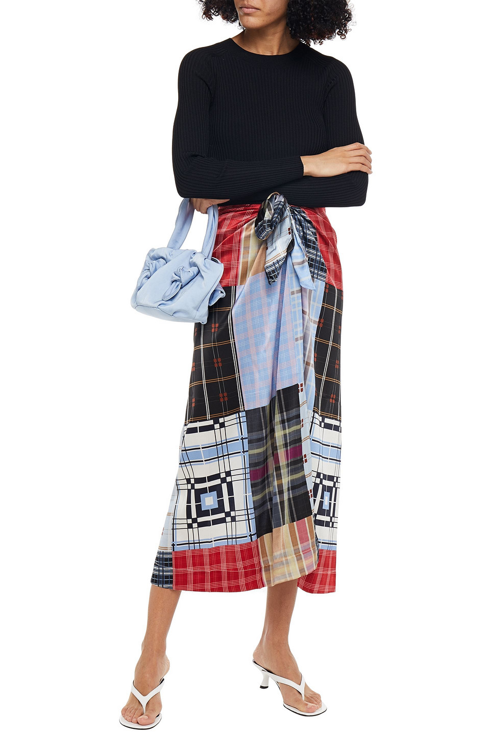 GANNI TIE-FRONT CHECKED STRETCH-SILK SATIN MIDI WRAP SKIRT,3074457345625205717