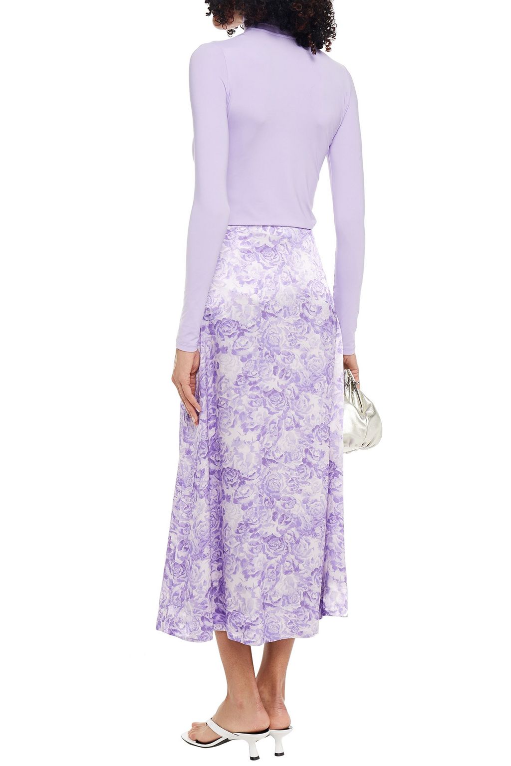 GANNI Ruched floral-print satin midi skirt