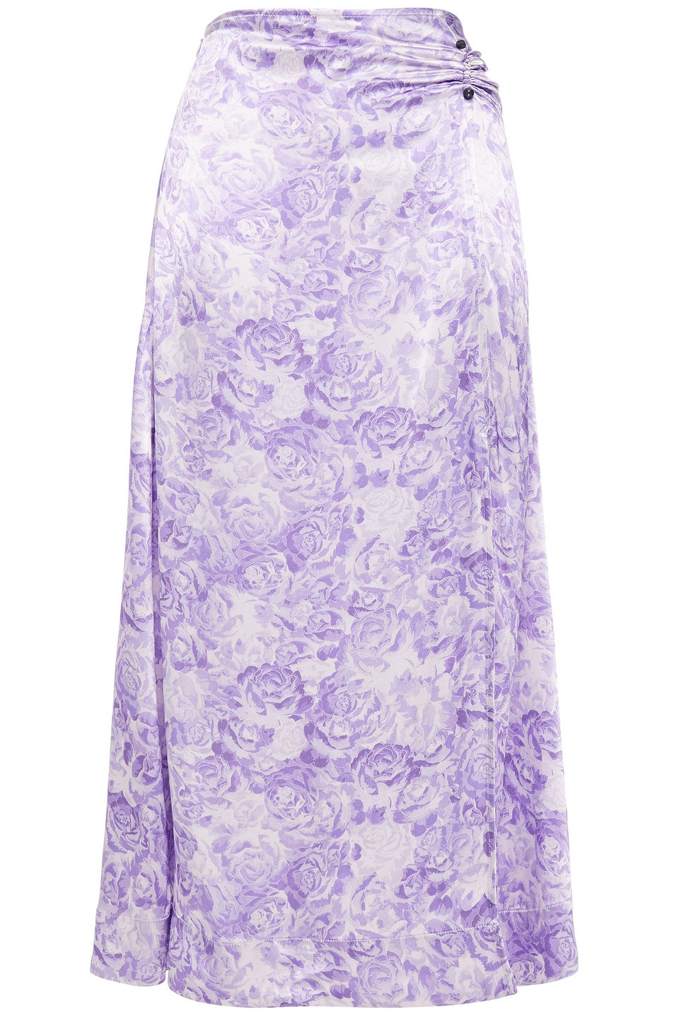 Ganni Woman Ruched Floral-print Satin Midi Skirt Lavender Size 40