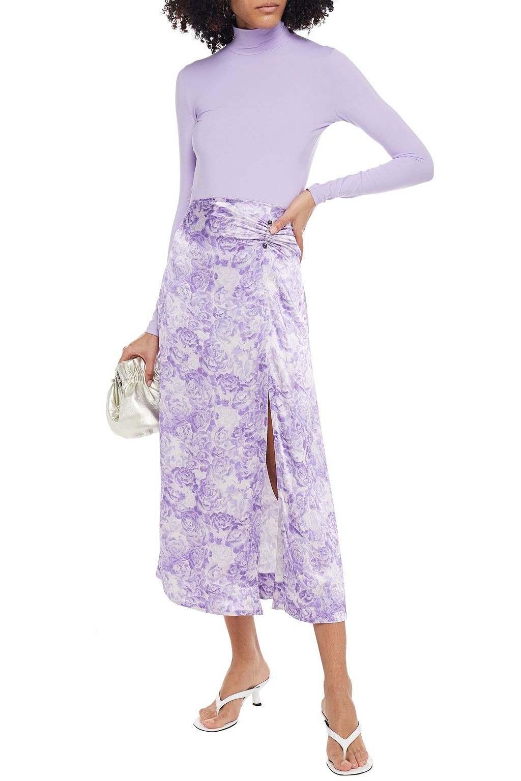GANNI Ruched floral-print satin midi skirt