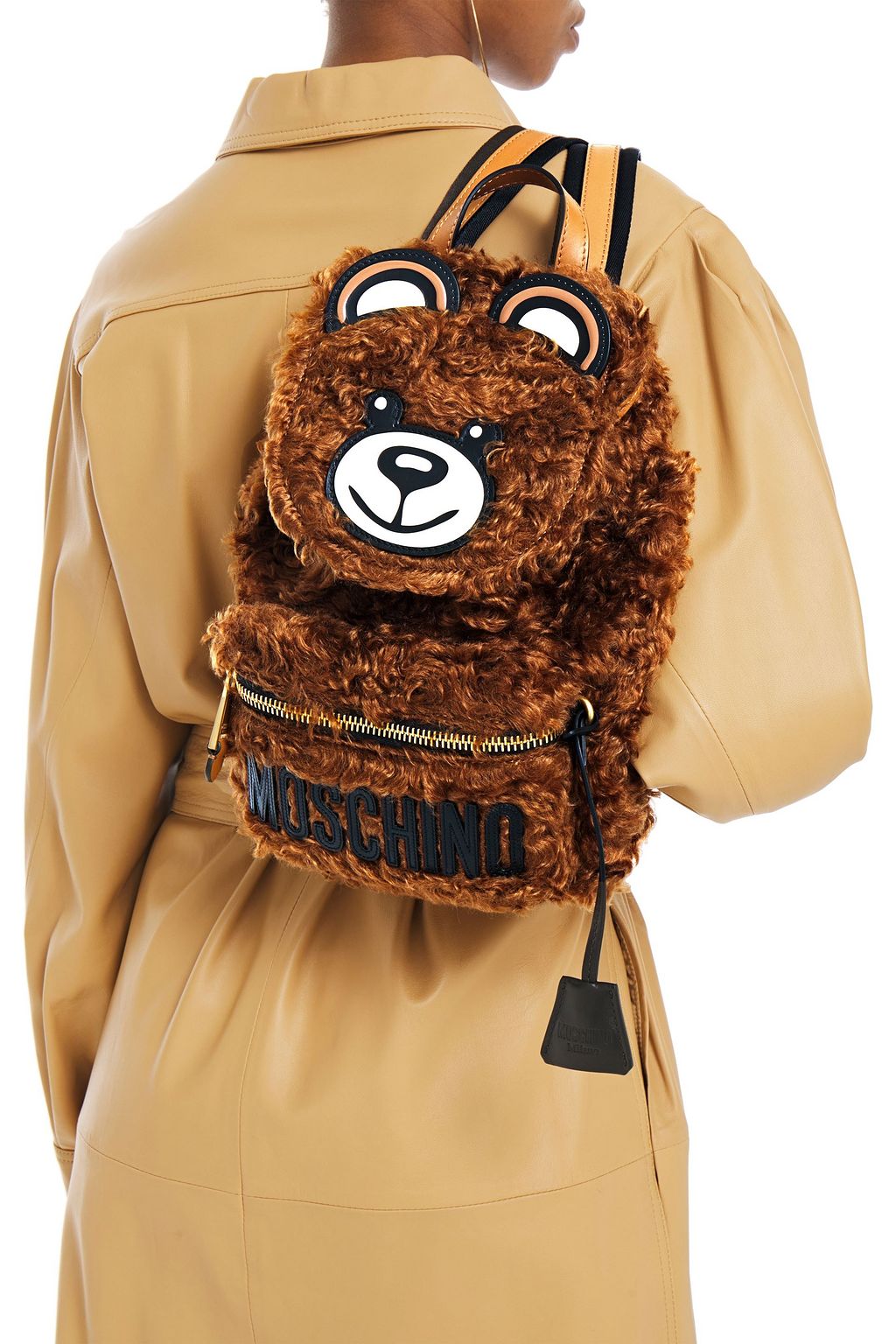MOSCHINO Rucksack aus Shearling-Imitat mit Lederbesatz