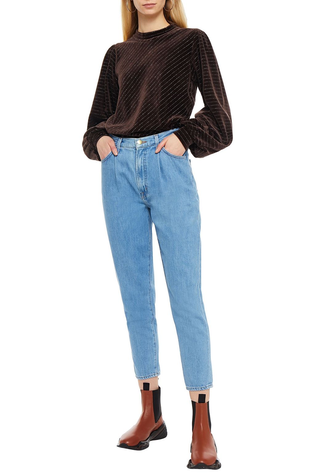 GANNI Pinstriped metallic cotton-blend velour top