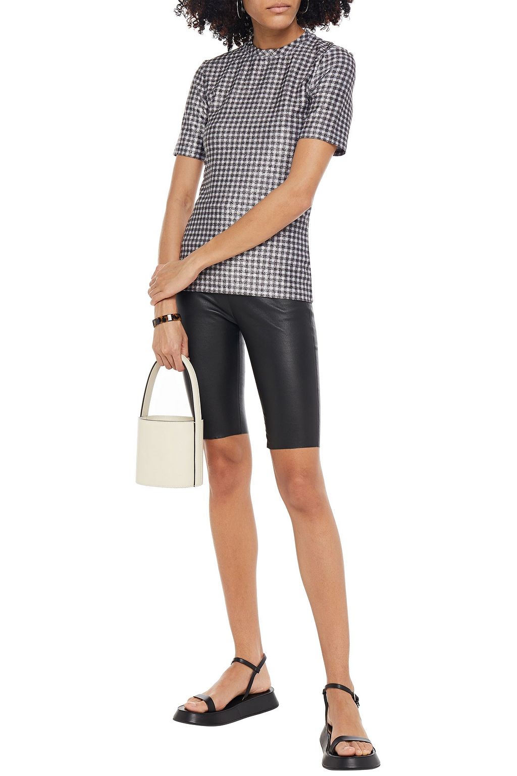 GANNI Metallic gingham stretch-jersey T-shirt