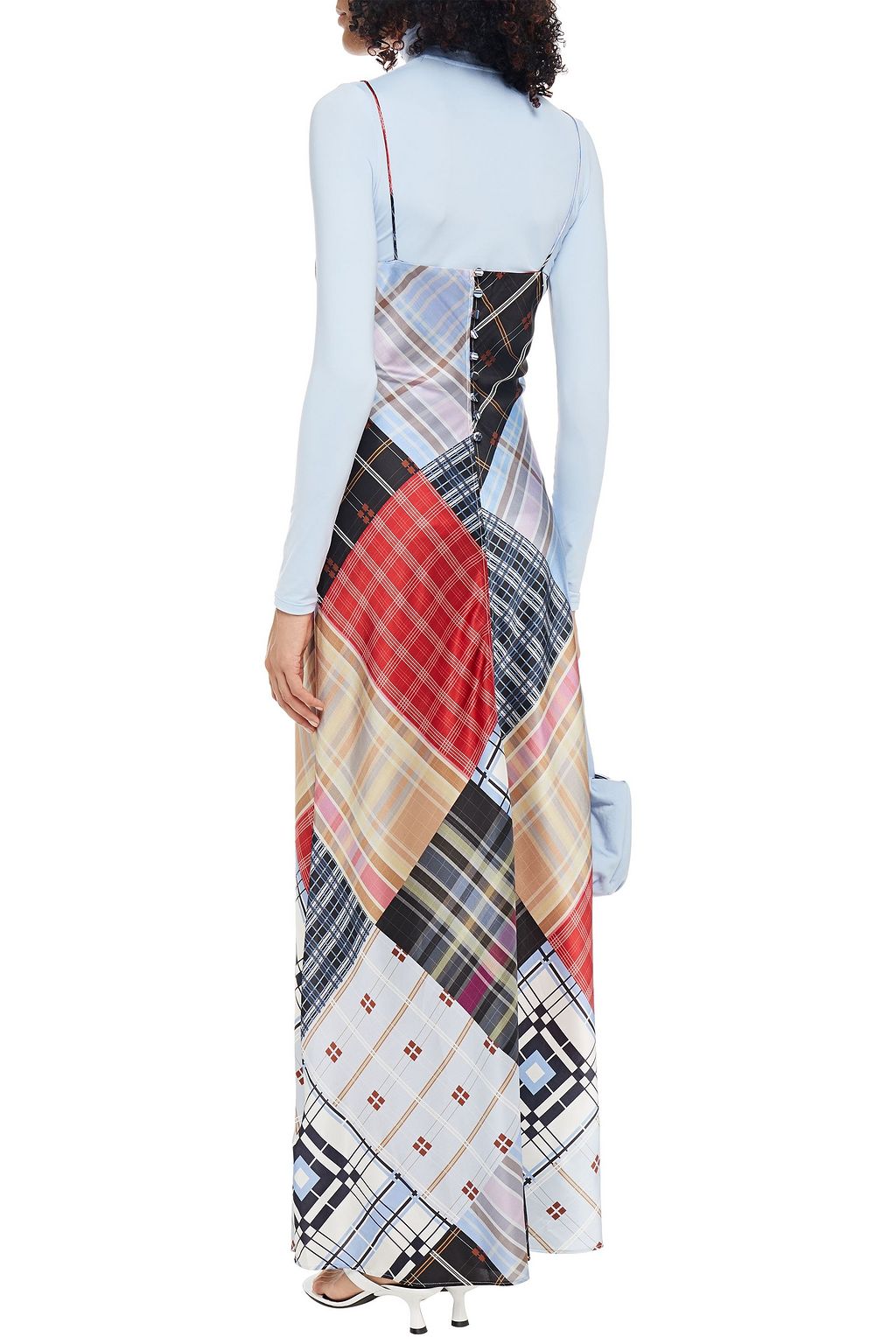 GANNI Patchwork-effect checked stretch-silk satin maxi slip dress
