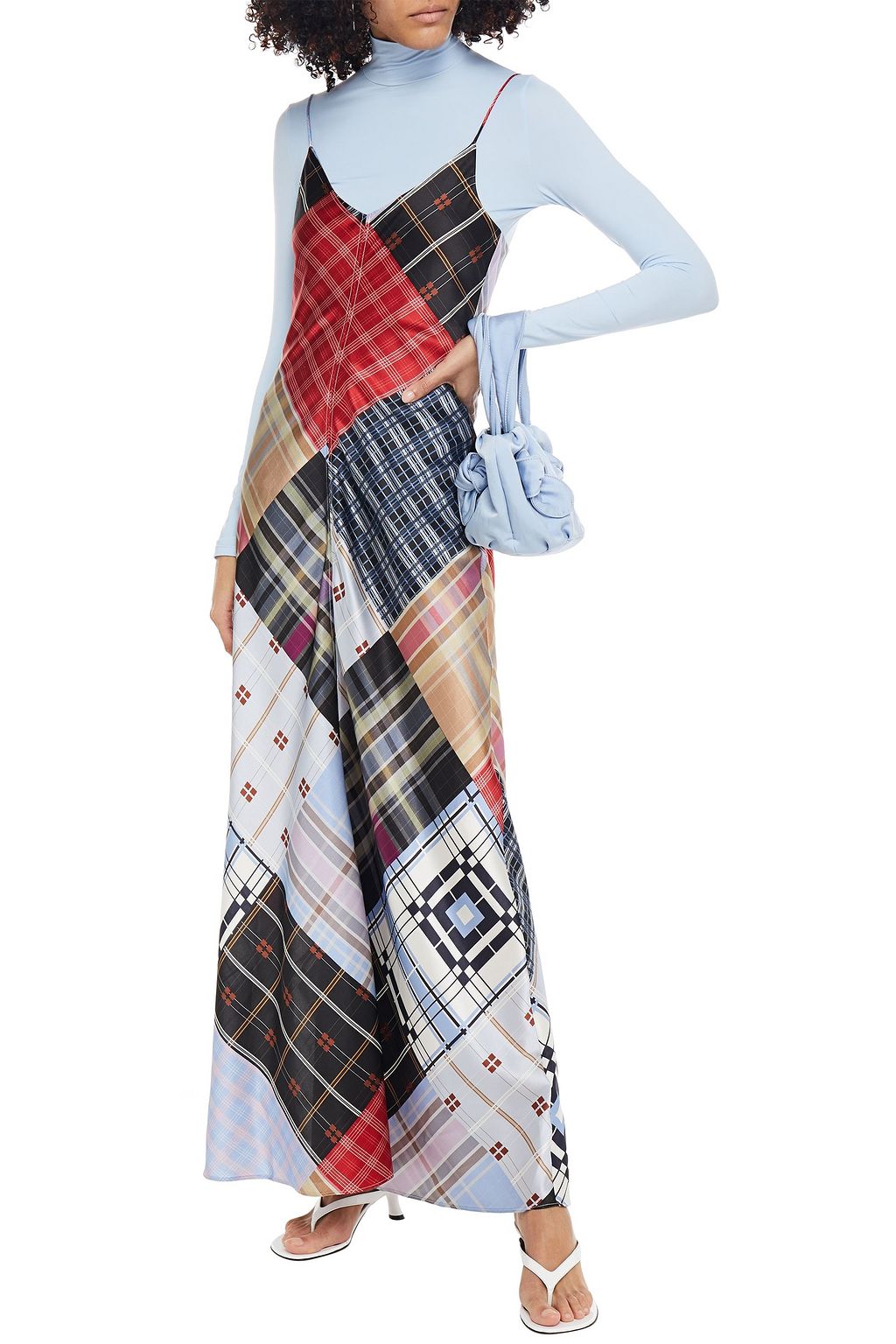 GANNI Patchwork-effect checked stretch-silk satin maxi slip dress