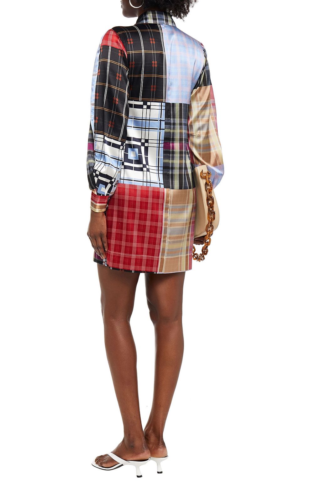 GANNI Patchwork-effect checked stretch-silk satin mini shirt dress