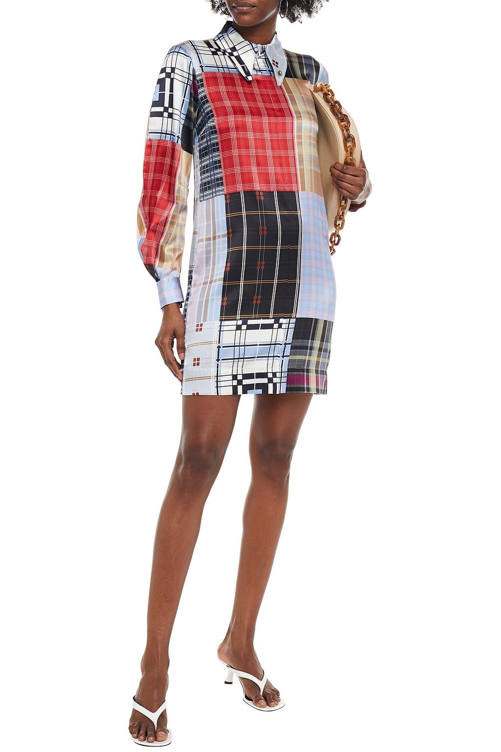 GANNI Patchwork-effect checked stretch-silk satin mini shirt dress