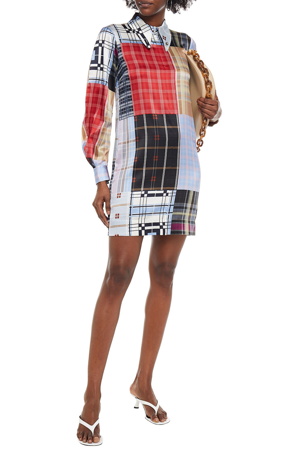 GANNI PATCHWORK-EFFECT CHECKED STRETCH-SILK SATIN MINI SHIRT DRESS 3074457345625207171
