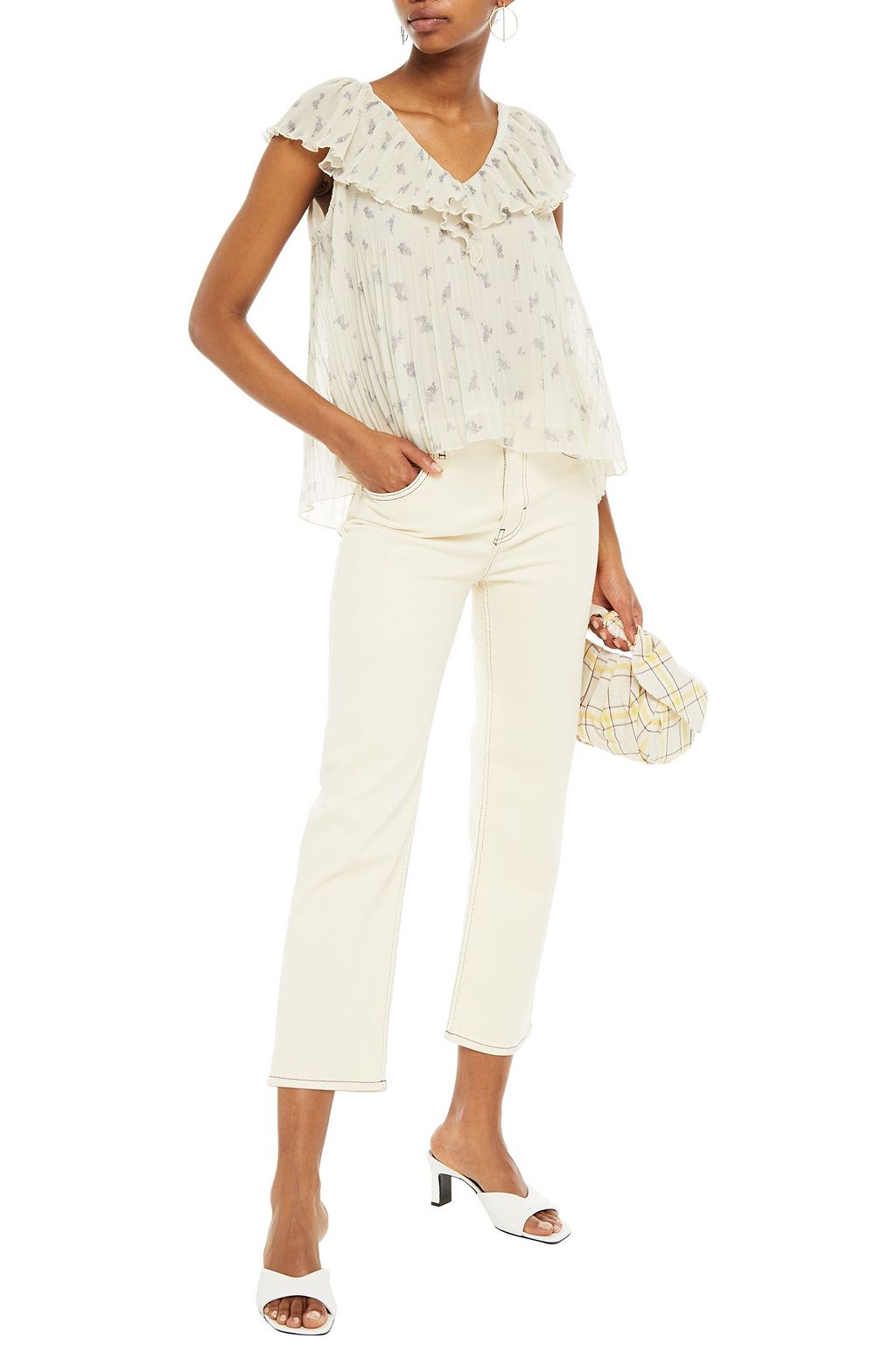 GANNI Ruffled floral-print plissé-chiffon top