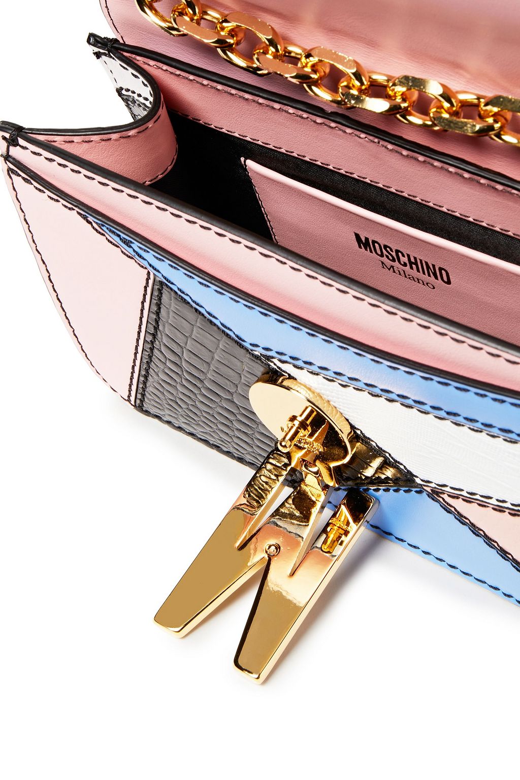 MOSCHINO Color-block smooth and snake-effect leather shoulder bag