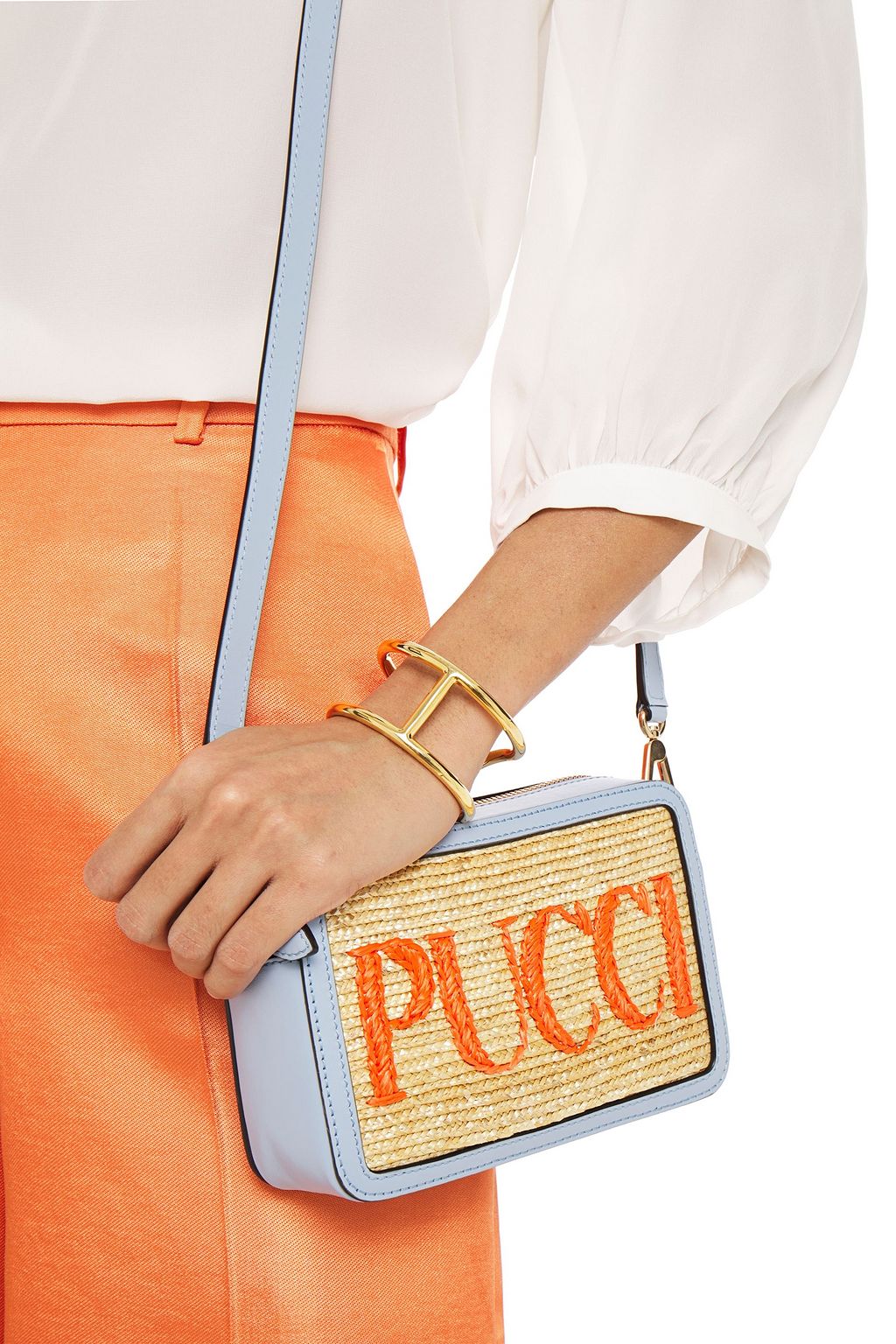 EMILIO PUCCI Logo-embroidered straw and leather shoulder bag
