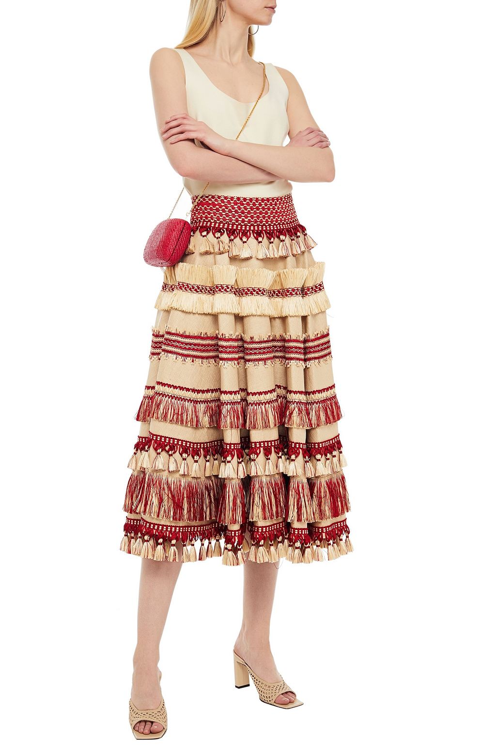 DOLCE&GABBANA Raffia-trimmed embroidered canvas midi skirt