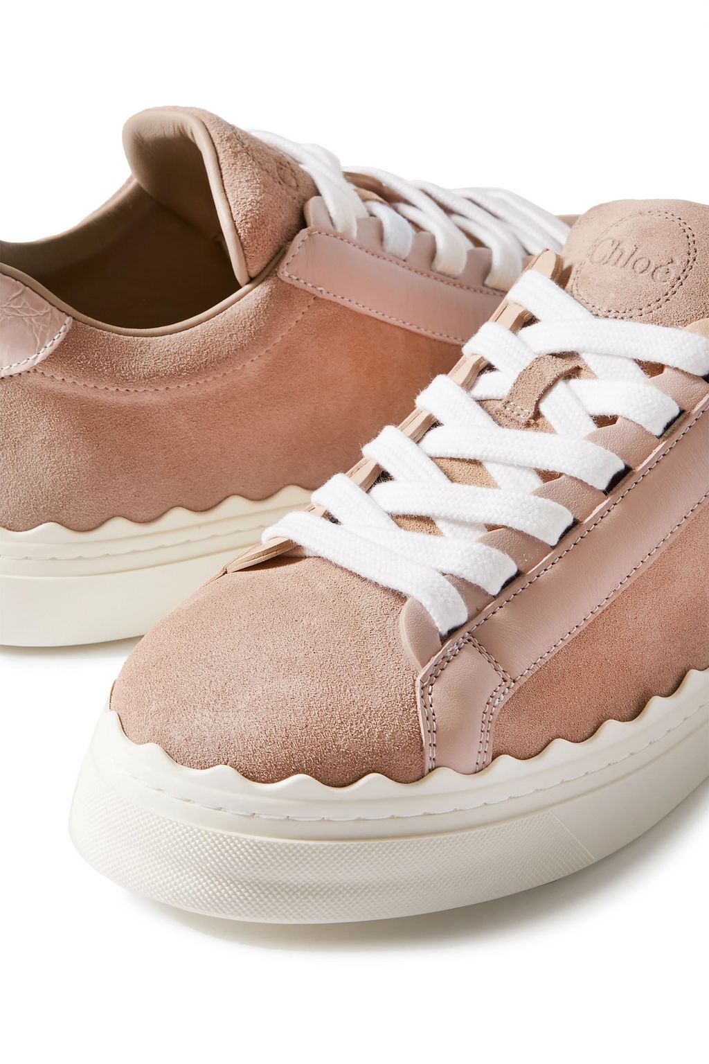 CHLOÉ Lauren scalloped suede and leather sneakers