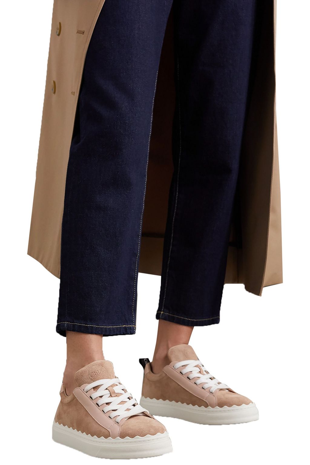 CHLOÉ Lauren scalloped suede and leather sneakers