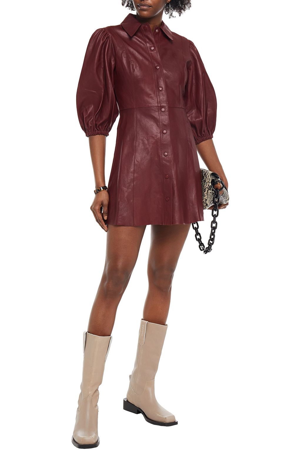 GANNI Gathered leather mini shirt dress