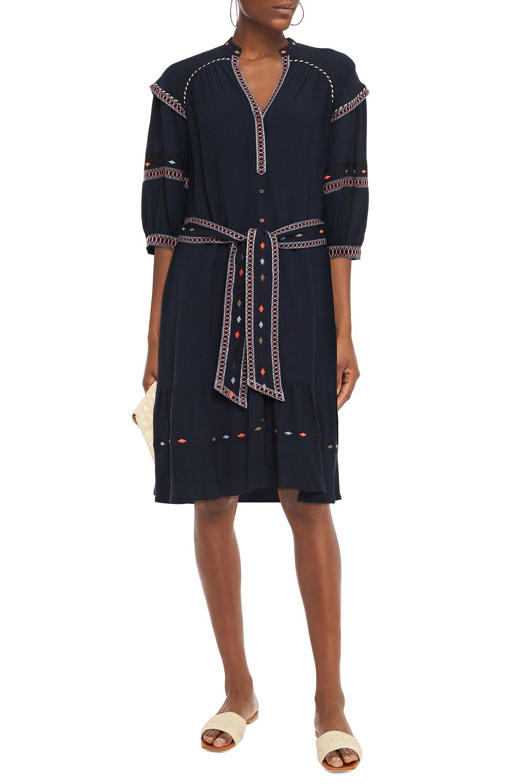 BA&SH Patty belted embroidered crepe de chine dress