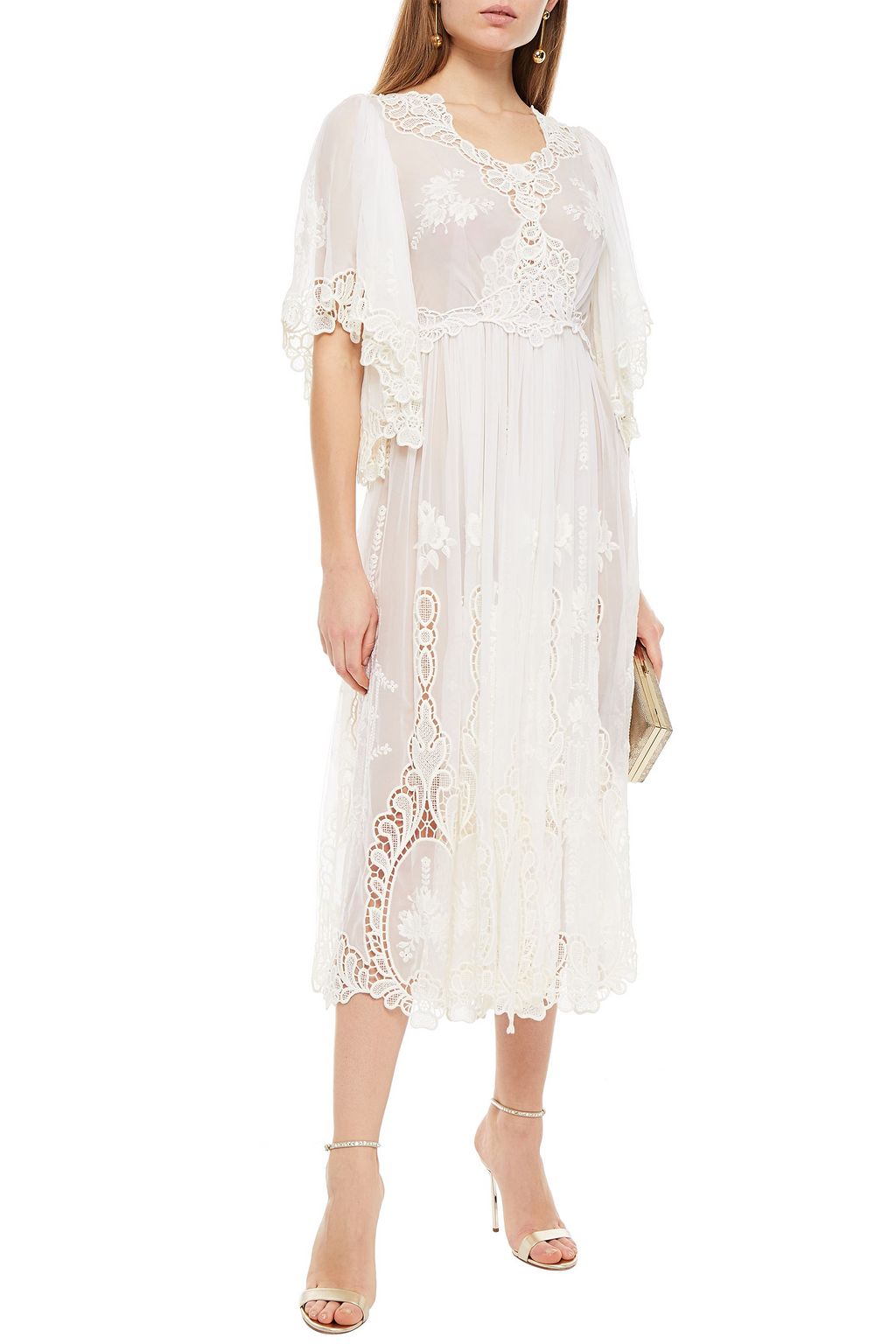 DOLCE&GABBANA Lace-paneled gathered cotton-blend voile midi dress