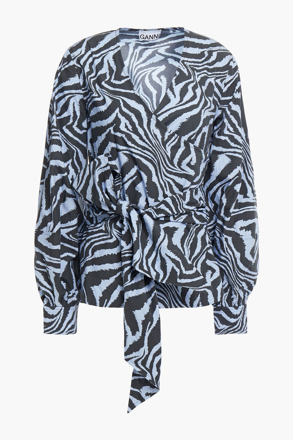 Ganni Woman Tiger-print Cotton-poplin Wrap Top Light Blue Size 42