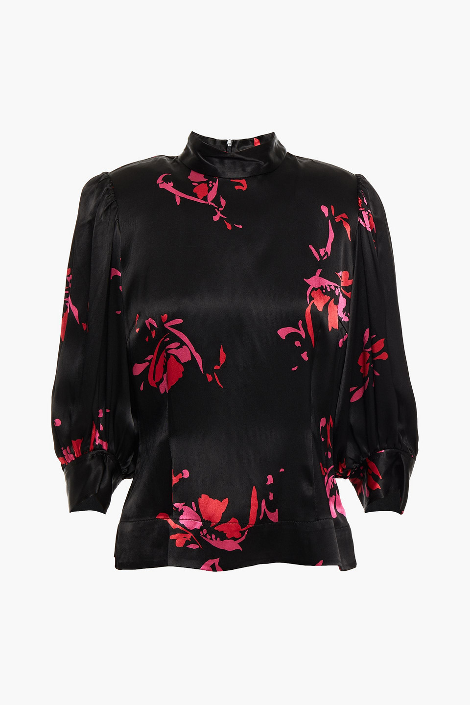 Ganni Woman Gathered Floral-print Satin-crepe Top Black Size 34