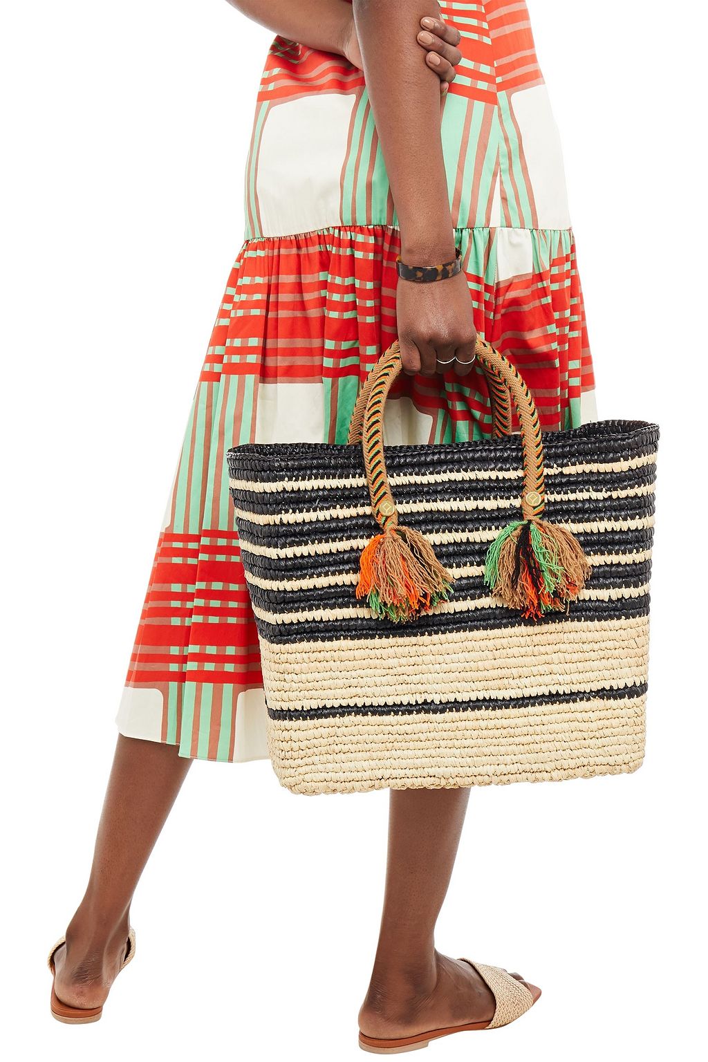YOSUZI Ava tasseled striped straw tote