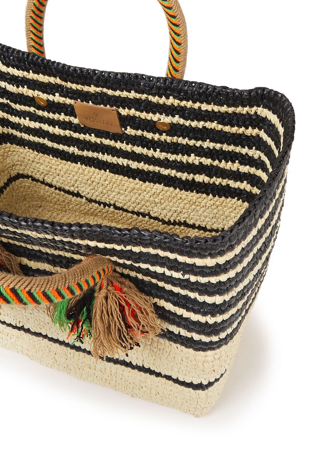 YOSUZI Ava tasseled striped straw tote
