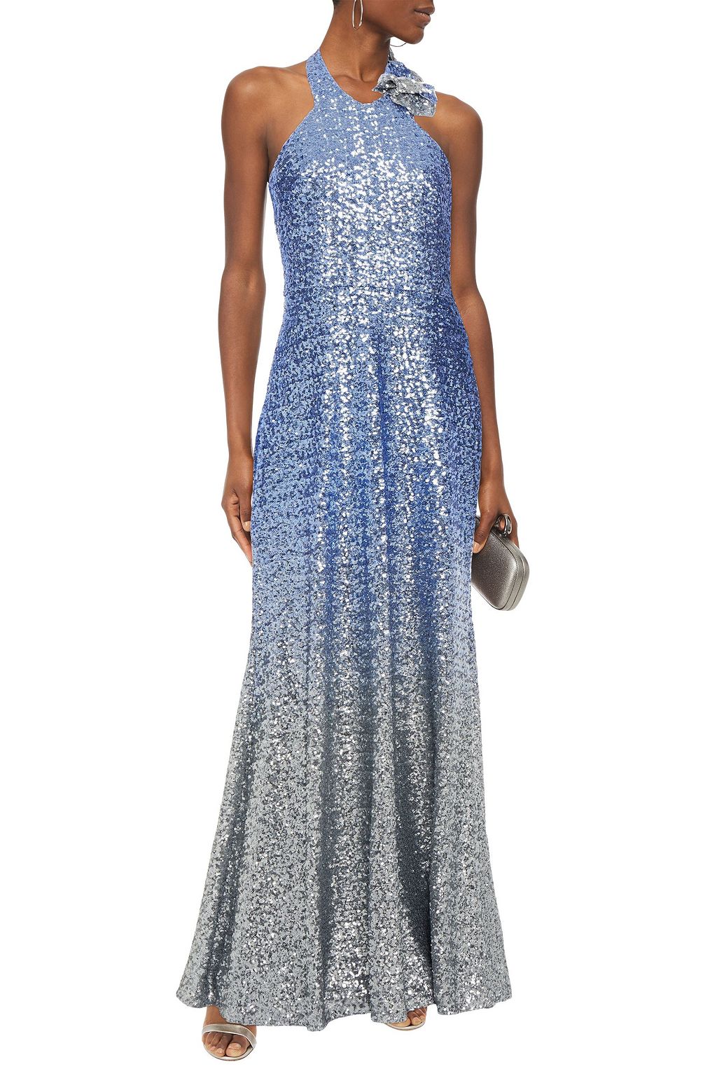 MARCHESA NOTTE Floral-appliquéd dégradé sequined stretch-tulle halterneck gown