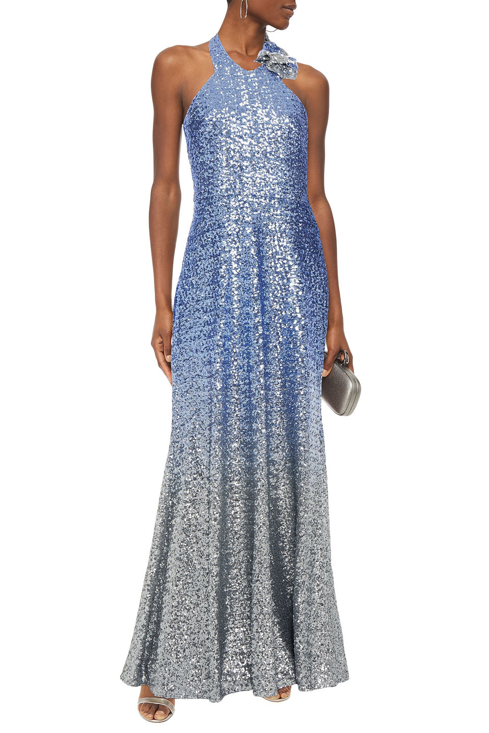 Marchesa Notte Floral-appliquéd Dégradé Sequined Stretch-tulle Halterneck Gown In Blue