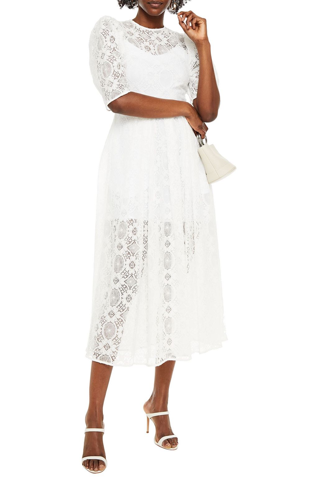 MSGM Pleated cotton-blend crocheted lace midi dress