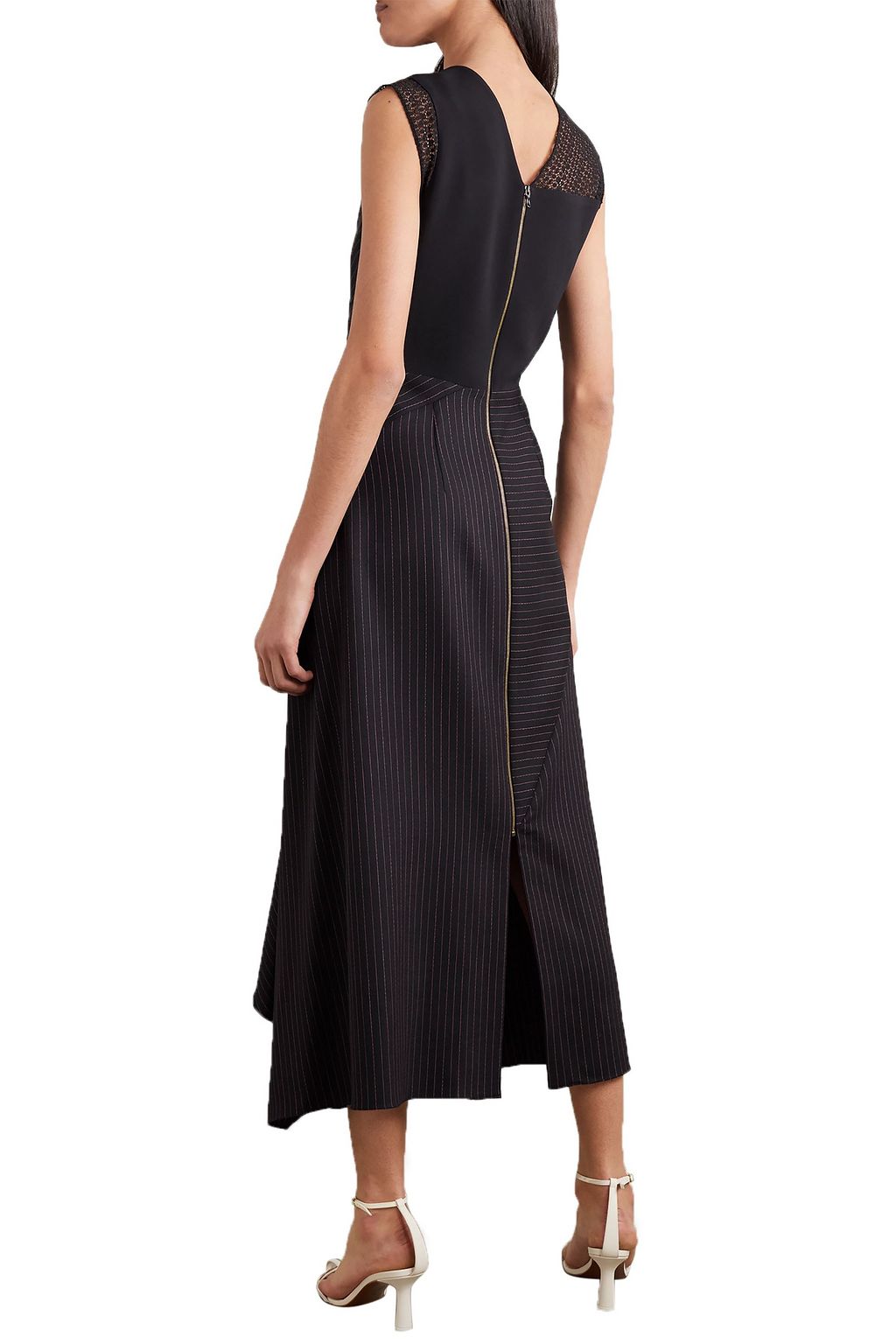 ROLAND MOURET Asymmetric lace-trimmed pinstriped wool-blend midi dress