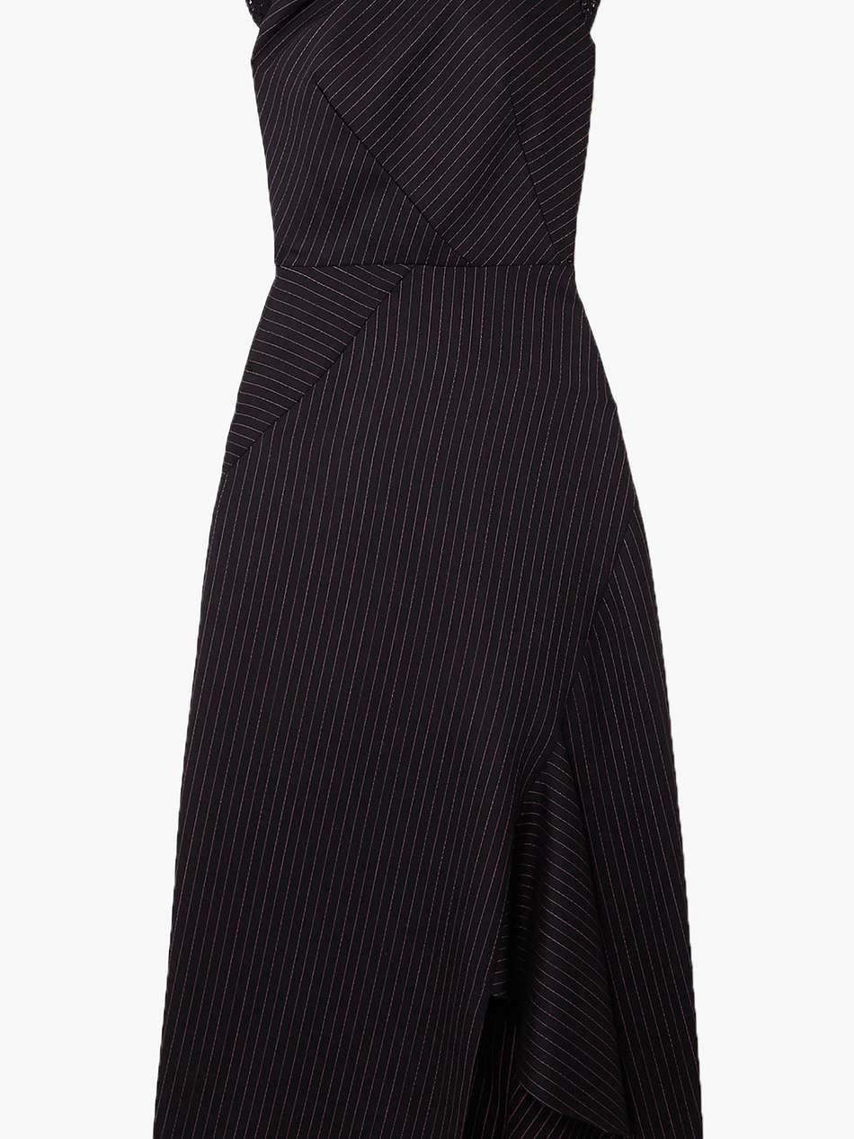 asymmetric lace-trimmed pinstriped wool-blend midi dress