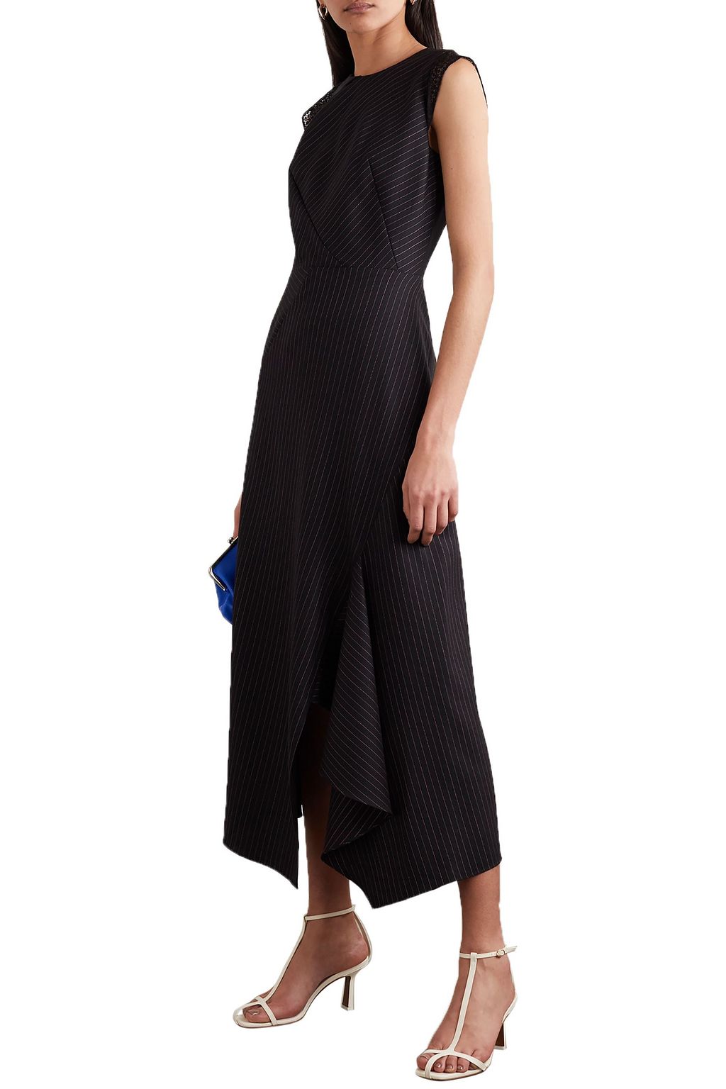ROLAND MOURET Asymmetric lace-trimmed pinstriped wool-blend midi dress
