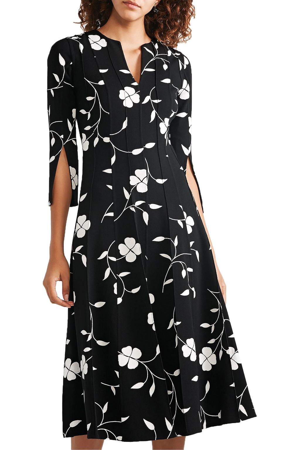 OSCAR DE LA RENTA Pleated floral-print wool-blend crepe midi dress