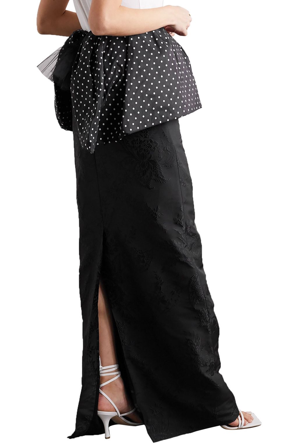 DRIES VAN NOTEN Feather-trimmed polka-dot satin and floral-jacquard maxi skirt