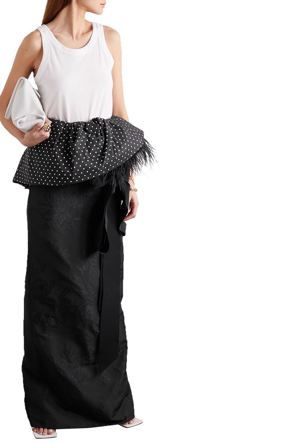 DRIES VAN NOTEN Feather-trimmed polka-dot satin and floral-jacquard maxi skirt