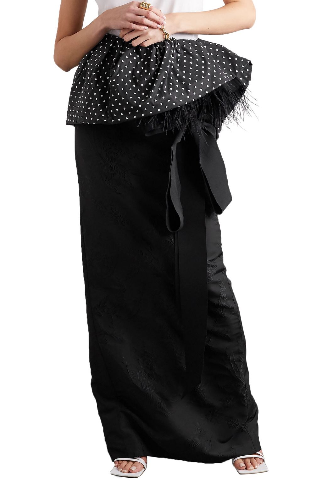 DRIES VAN NOTEN Feather-trimmed polka-dot satin and floral-jacquard maxi skirt